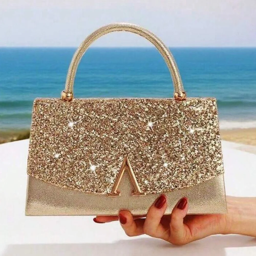 Gold Glitter Top-Handle Evening Bag